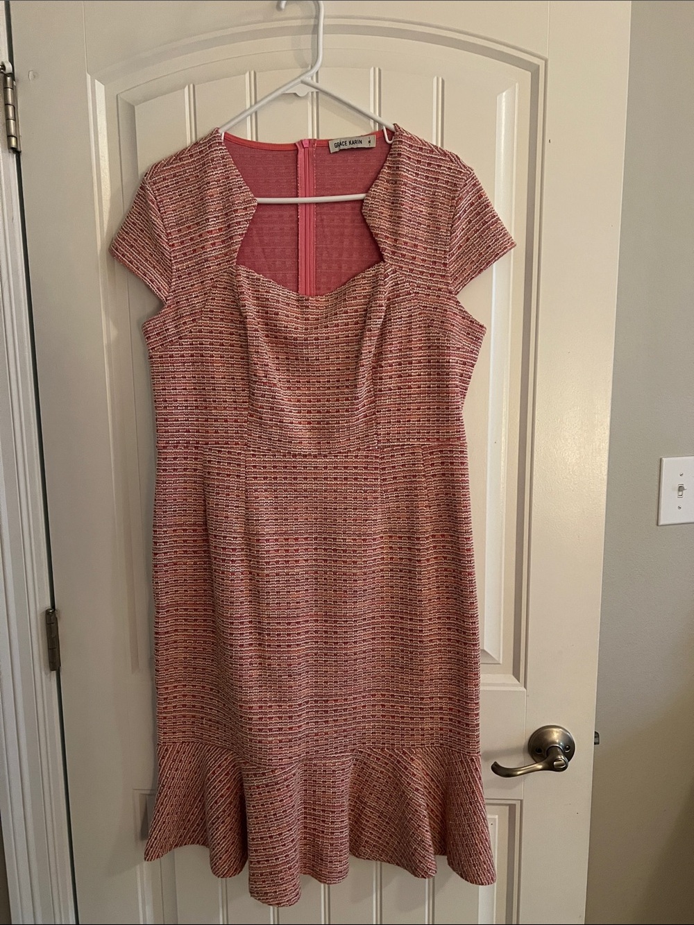 Grace Karin Coral-Pink Textured Fit & Flare Midi Dress